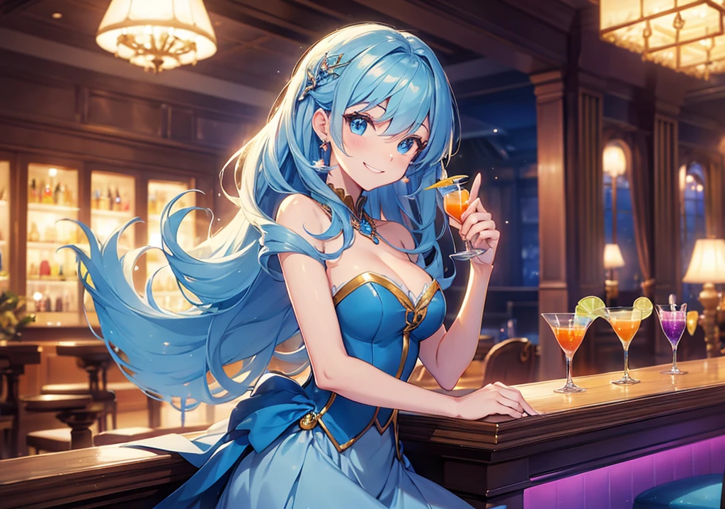 A Disney princess-style character smiles and holds a chic cocktail at a luxurious bar counter