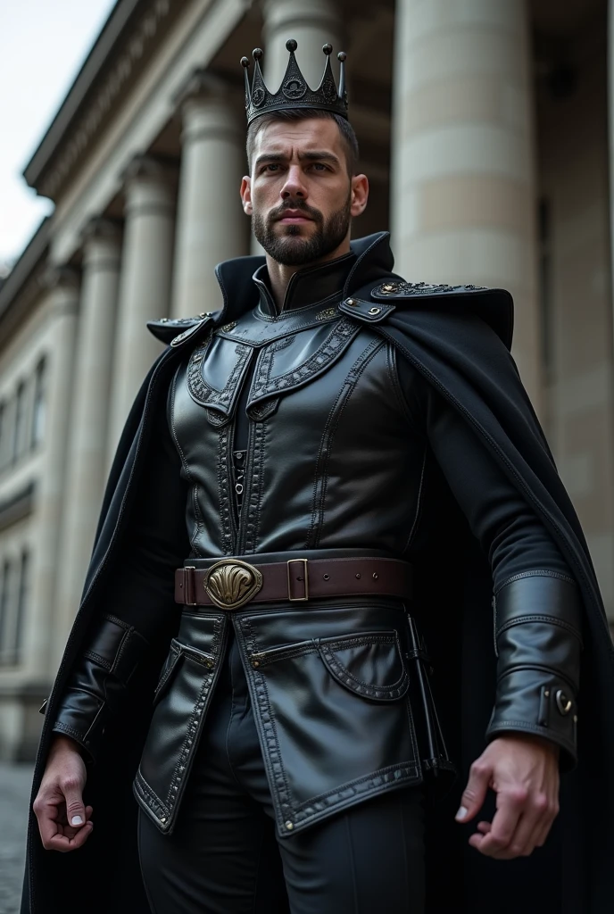 (Best quality at best,Photorealistic) ( Peitoral extremamente generosos)big massivea huge pecs,(dark,feels) hot Wizard Young person, One guy,detailed black eyes, French-German man in uniform standing in front of building, in full military garb, in a soldier uniform, Inspired by tom of finland, couro preto , eslastic uniform,, in a soldier uniform, Court Costume Akira, in a soldier uniform, Imperial team, in a soldier uniform Black cloak , crown in your Head Wearing imperial equipment, Wearing a cop's uniform, Inspired by Oka Yasuyu, Italian man wearing old samurai uniform，，。dark skin., （（Very relaxed and lazy look！））, （（Unintentionally exposing chest muscles））Handsome male, Handsome chad chin, Handsome and attractive, Handsome and elegant, Handsome man, Sexy masculine, masculine and Handsome, , Handsome, Attractive posing, attractive male, Attractive man,40-year-old man！Lift your little head，Kominan wearing an army coat（closeup portrait！)）showing off his hairy pecs。（Show hairy chest muscles），），(Use a short beard collar），Wear a military uniform and wear one without buttons！Show hairy chest muscles），)，(Use a short beard collar，）headspace！Charming and serious look，（Handsome man，sitting down，poorly dressed，Perfect body anatomy，Beautiful man face detail，perfect foot，perfect hand！Ultra-low angle shooting！！