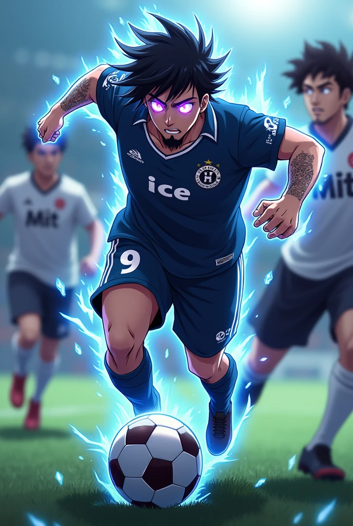 Create a football player with black wavy hair, wears a goatee and has the number 9 on his shirt, on his shirt it says ICE, he has in an action position dribbling another player shirt 10 with the name on the shirt MIT, the player named MIT is focused , make it in anime format, he is a serious player and he is 2, behind him there is a blurred field, His eyes glow purple and strands of energy come out, his face is the same as Sung Jin Woo's face