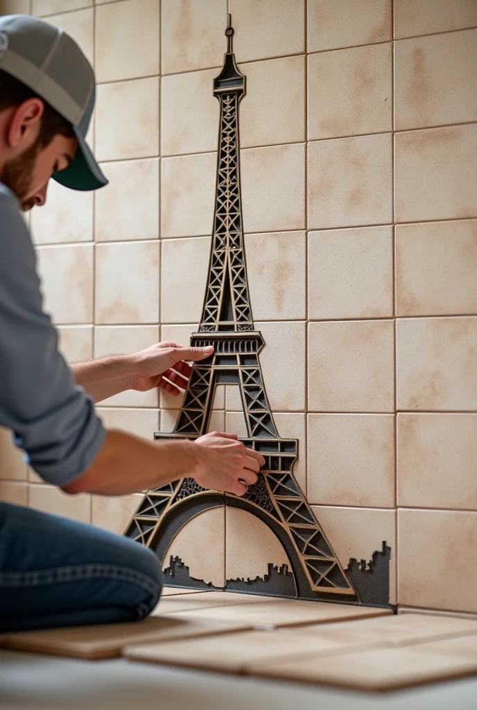 Person laying large 15x15 cm tiles on the wall forming the design of the Eiffel Tower