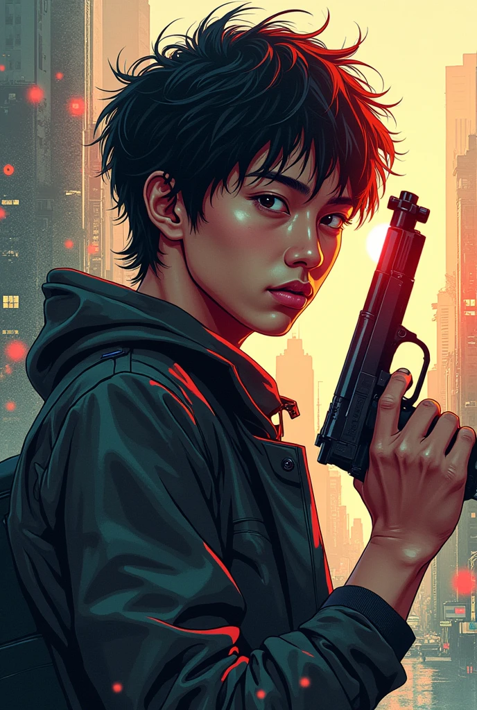 Portrait of an attractive young Indonesian man with a gun on an abstract sideways city background with copy space and sunlight. Line Art Illustration, Dots, comics, Sci-Fi dark fantasy cyberpunk, far future, highly detailed, intricate, Double exposure, Shirow Masamune and Ghost in the Shell and Granblue Fantasy style, dot matrix, risograph --chaos 10 - -ar 3 :2 --raw style --500 style --v 6