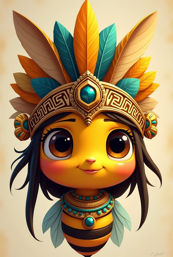 generates an image with the head of an animated honey bee with an Aztec headdress, as if she were a goddess of the Mexican beekeeping empire without so many details