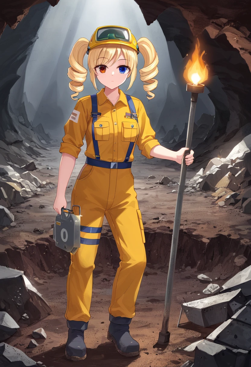 pny-safe solo, Beautiful woman Beautiful Skin, torch , Blonde Drill Twin tails, Heterochromia iridis Red left eye Blue right eye, Construction Worker Suit, Dust soil, Cave Mine, darkness, excavator