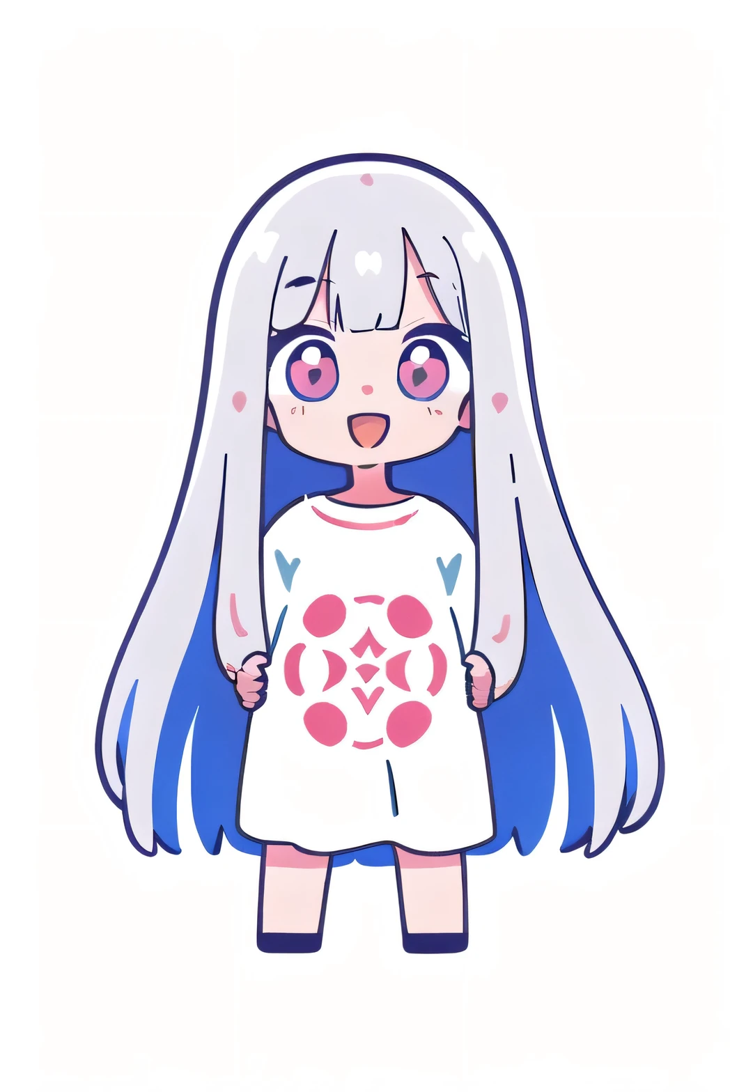 (masterpiece, Highest quality), 1girl, (Oversized plain T-shirt), (silver long hair, long hair) and (silver eyes), :D, (((bold outline))), Vector art, flat color,