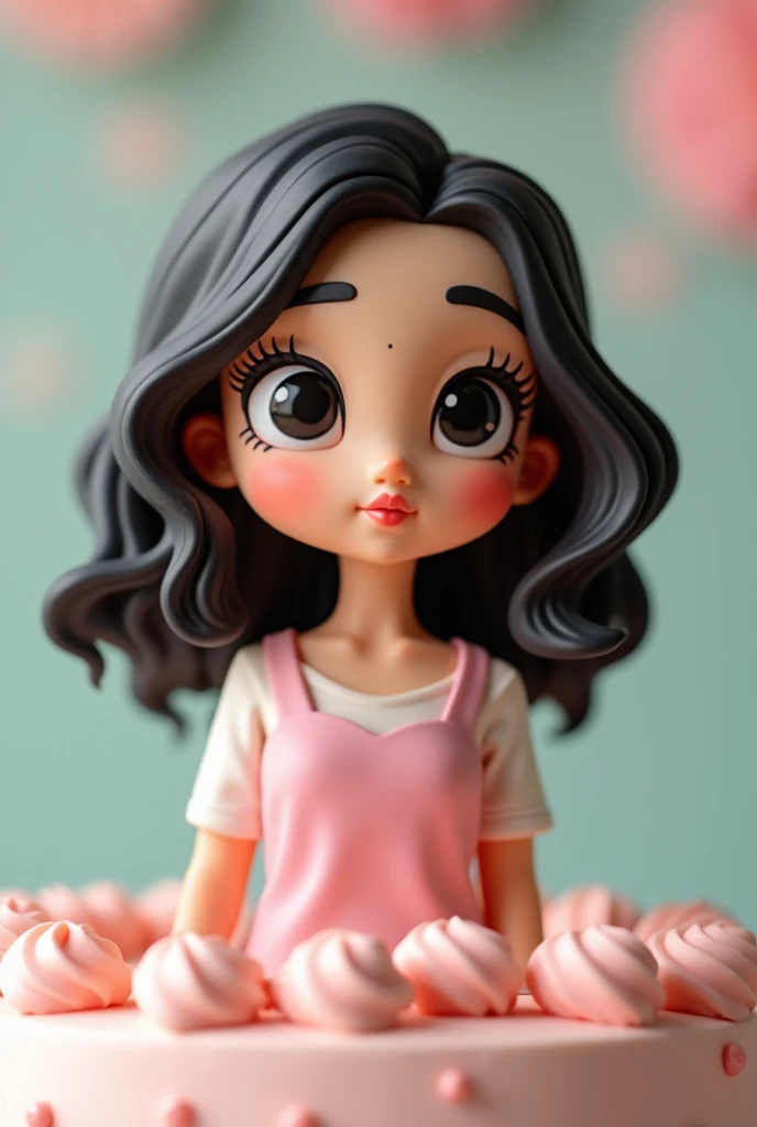 Brunette Teen Cake Topper, medium wavy black hair. Mouth pouting with a slight smile. eyes black,