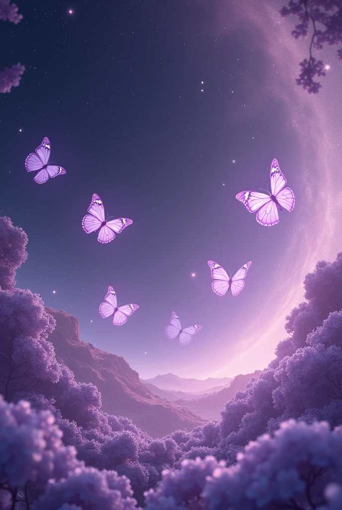 purple backdrop, lilac butterflies, universe