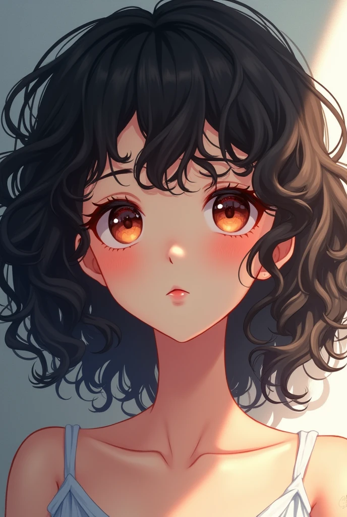 Beautiful girl with white skin and dark curly hair, anime style drawing