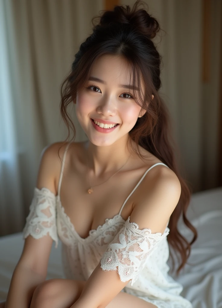 (Highest quality:1.4),(masterpiece:1.4),(Realistic:1.4),(Realistic:1.2),(超High resolution, RAW Photos:1.4),(High resolution, Very detailed:1.2),(8k:1.2),photograph,(Shot from behind:1.3)、Korean women、brown hair photos,One Woman,alone、((Updo long hairstyle))、((White,Lace nightgown:1.4)、((Toothy smile))、Slightly freckled、Realistic skin textures、Thigh to head shot、Focus on the buttocks、(((The buttocks are partially visible)))