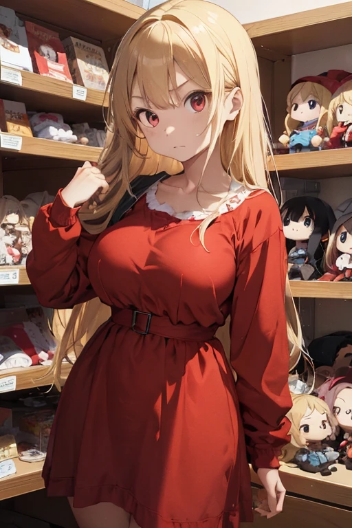 1 female, teenage girl, red long sleeve dress, blonde long hair, rosa cheeks, doll store, playing a dolls, angry face, huge breast