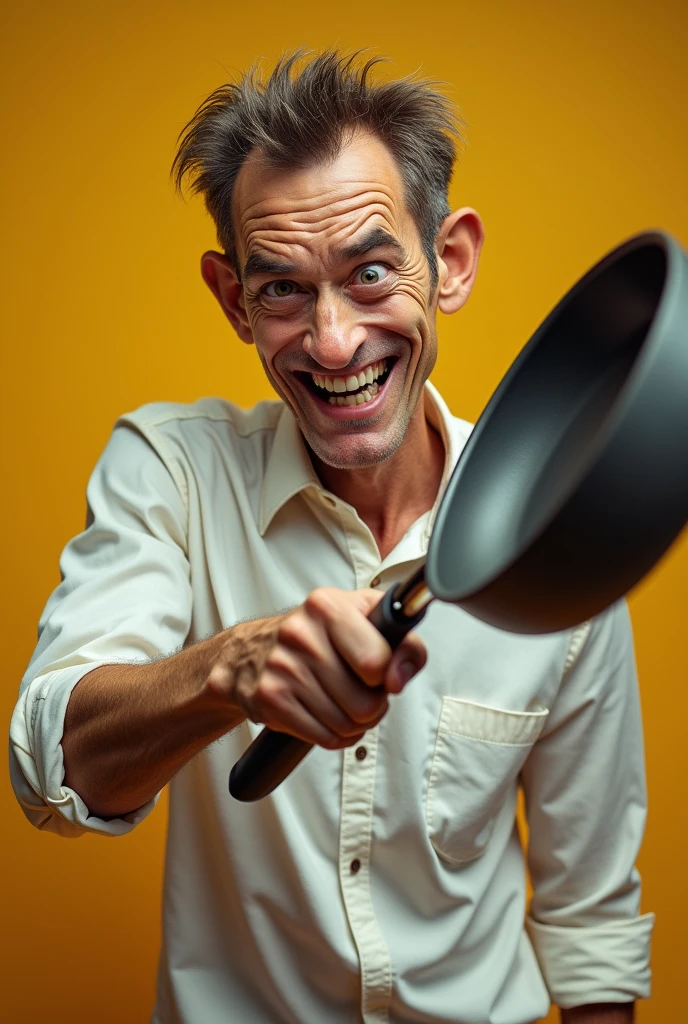 A skinny man gripping a frying pan like a firearm with white shirt, humorous expression, vibrant colors, realistic image of man ,exaggerated features --s 100 --ar 1:1 --no text