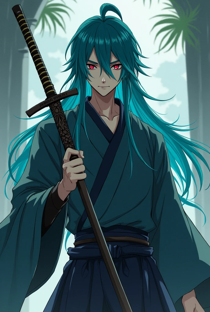 Now I create a character with samurai clothes, straight hair and long hair down to the hips, blue-green in color and with his eye covered with his hair high and a red and black sword called demon kibutsai anime drawing