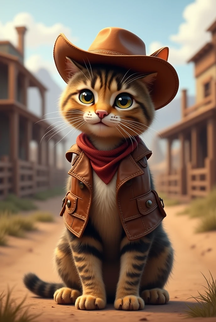 Tabby cat in a cowboy outfit