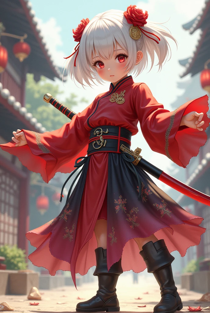 A short white haired anime style girl with a red Chinese combat suit on top and a skirt and boots, and with a samurai sword