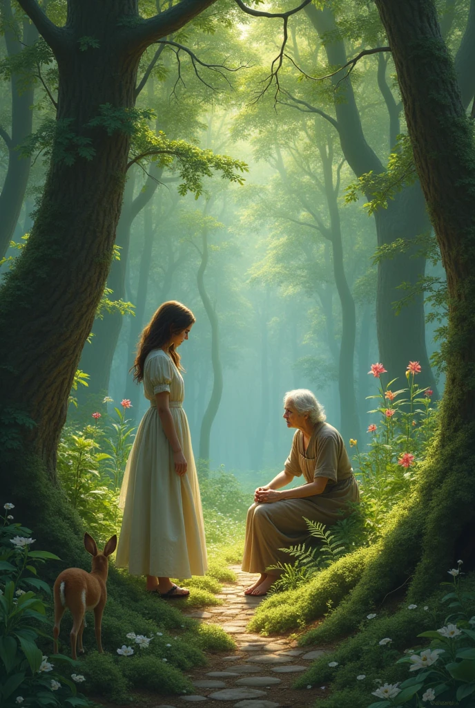 A woman walking in the forest and met old woman begging for help
