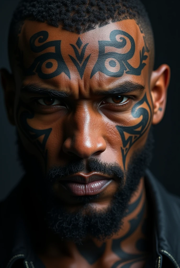 dark skin guy with tattoos head shot
