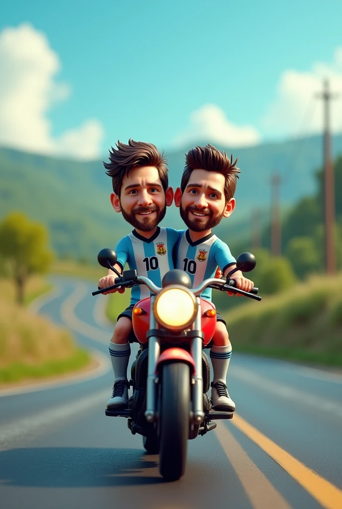 Messi is driving a motorcycle with another messi 