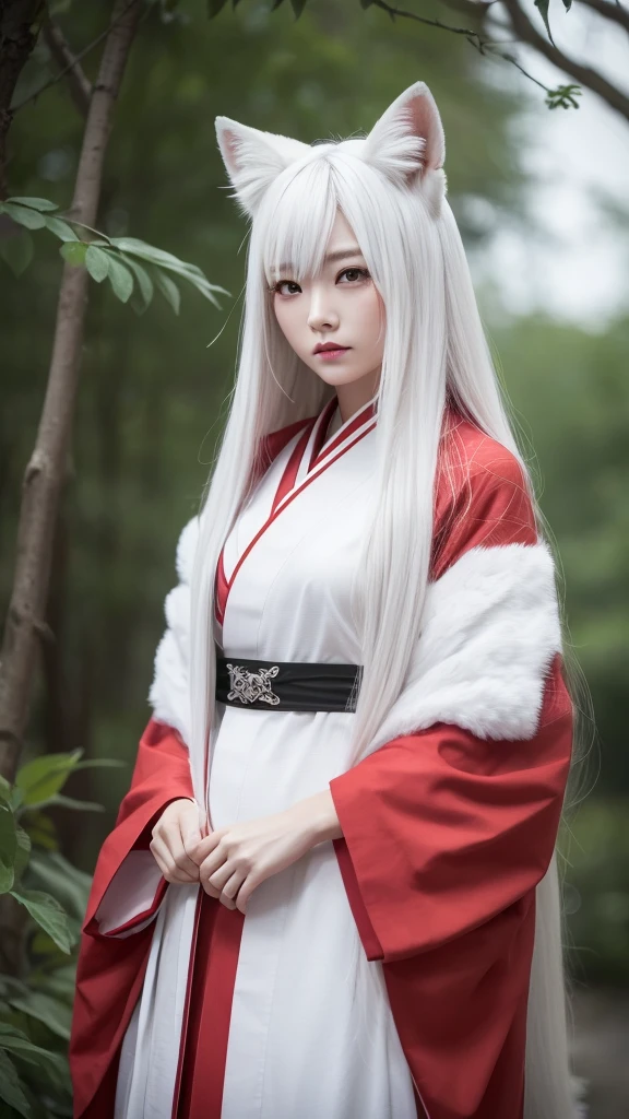 White Demon Fox、Nine-tailed Fox、Japanese women、kimono、Fair skin、Red lines on face、8k、I have long hair、High-resolution model、Ultra high definition, Textured skin,