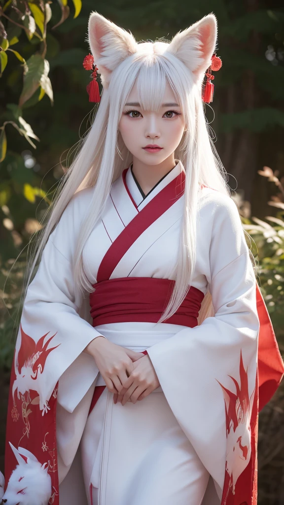 White Demon Fox、Nine-tailed Fox、Japanese women、kimono、Fair skin、Red lines on face、8k、I have long hair、High-resolution model、Ultra high definition, Textured skin,