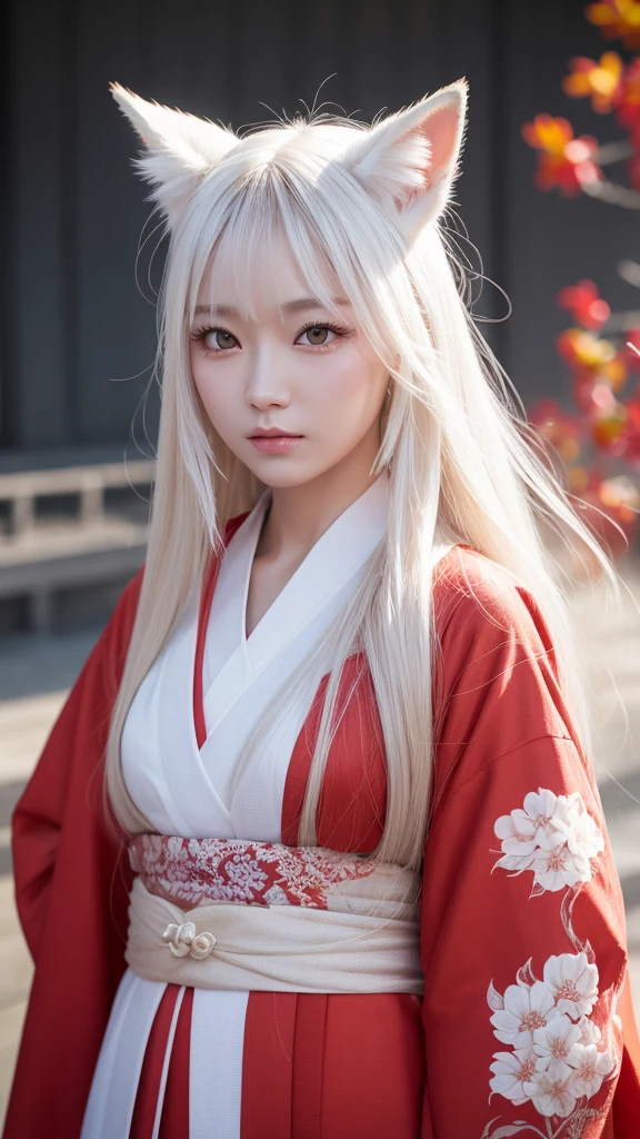 White Demon Fox、Nine-tailed Fox、Japanese women、kimono、Fair skin、Red lines on face、8k、I have long hair、High-resolution model、Ultra high definition, Textured skin,  