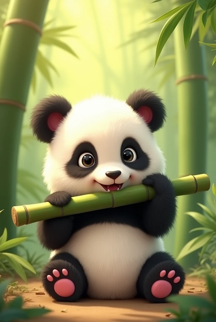 I need you to design me an animated image of a cute baby panda sitting down, happy biting a bamboo branch (This must be an eco-friendly speaker) Frontal shot where you can see that he is biting the bamboo