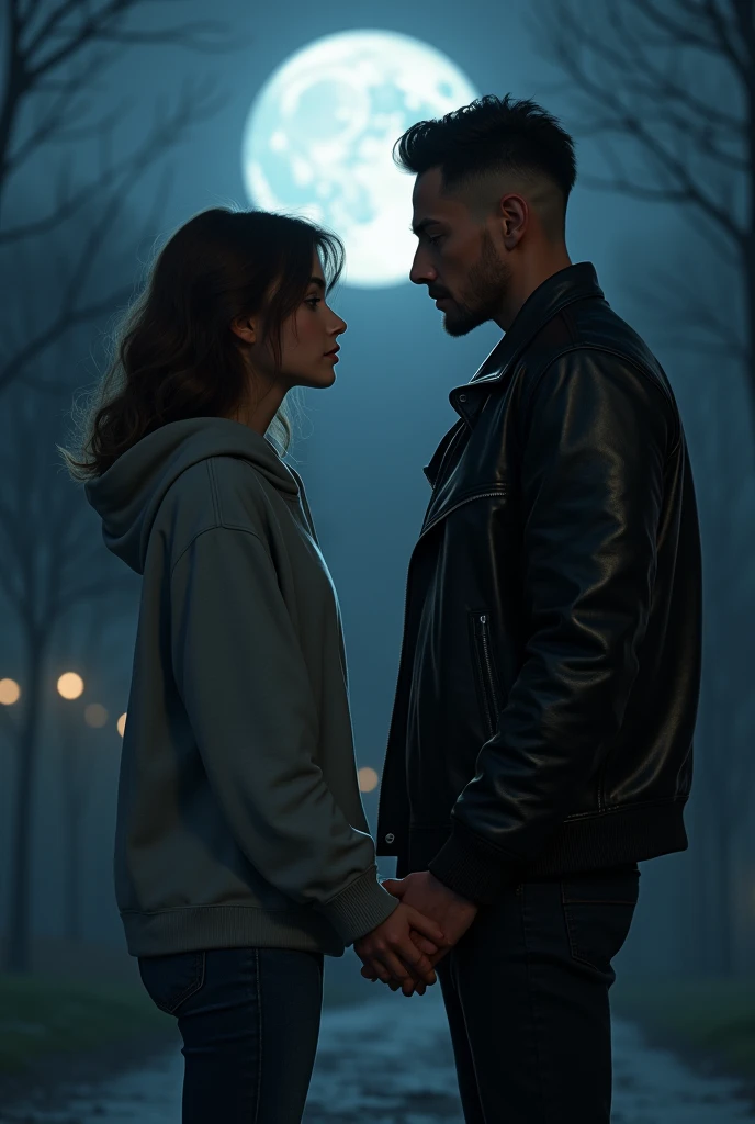 A light-skinned, brown-haired teenager wearing a hoodie holding hands and looking into the eyes of a tanned, black-haired man with serious features and wearing a black leather jacket, the light of the full moon rises