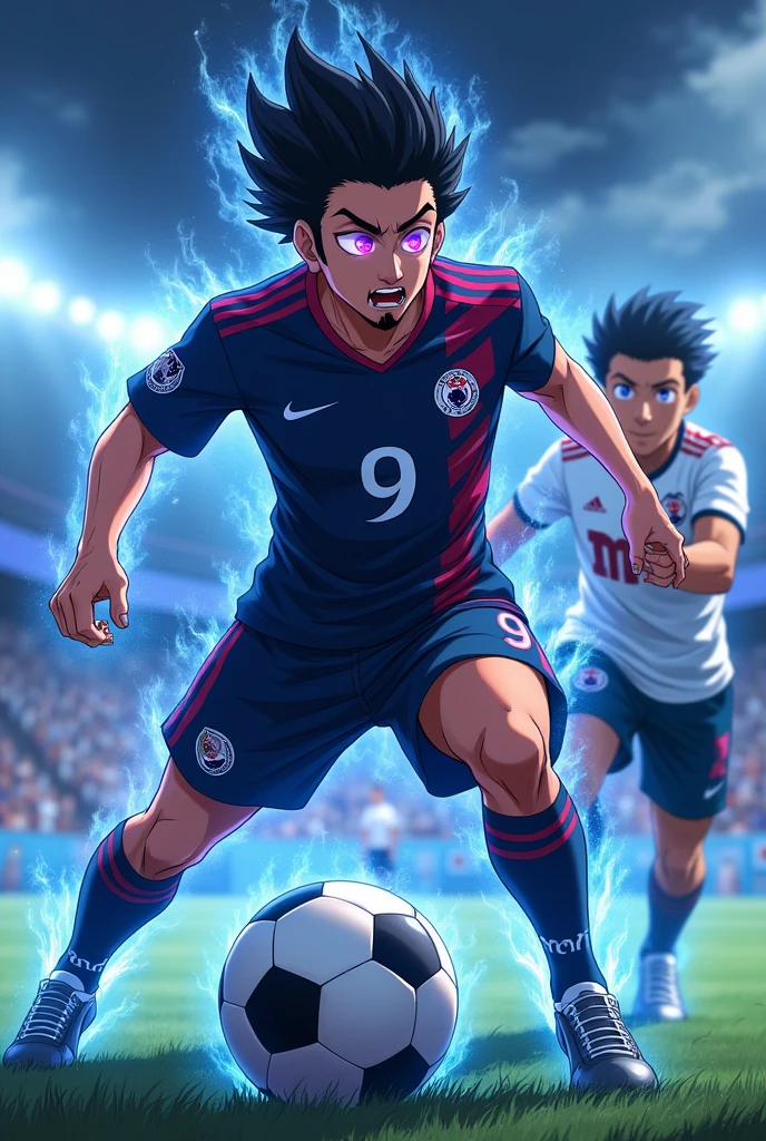 Create a football player with black wavy hair, wears a goatee and has the number 9 on his shirt, on his shirt it says ICE, he has in an action position dribbling another player shirt 10 with the name on the shirt MIT, the player named MIT is focused , make it in anime format, he is a serious player and he is 2, behind him there is a blurred field, His eyes glow purple and strands of energy come out, his face is the same as Sung Jin Woo&#39;s face