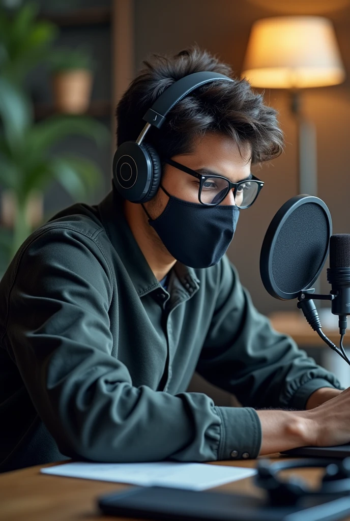 a 20 year old Indian boy sitting in tebal and use headphones and mic face mask and easy black glasses frant stay