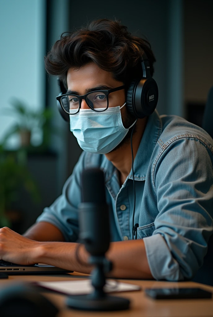 a 20 year old Indian boy sitting in tebal and use headphones and mic face mask and easy black glasses frant stay 