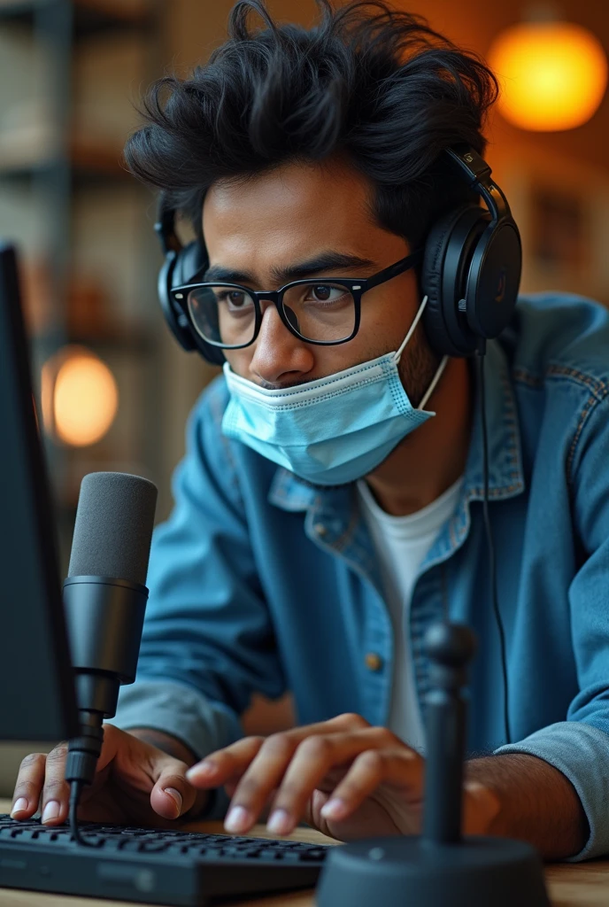 a 20 year old Indian boy sitting in tebal and use headphones and mic face mask and easy black glasses frant stay 