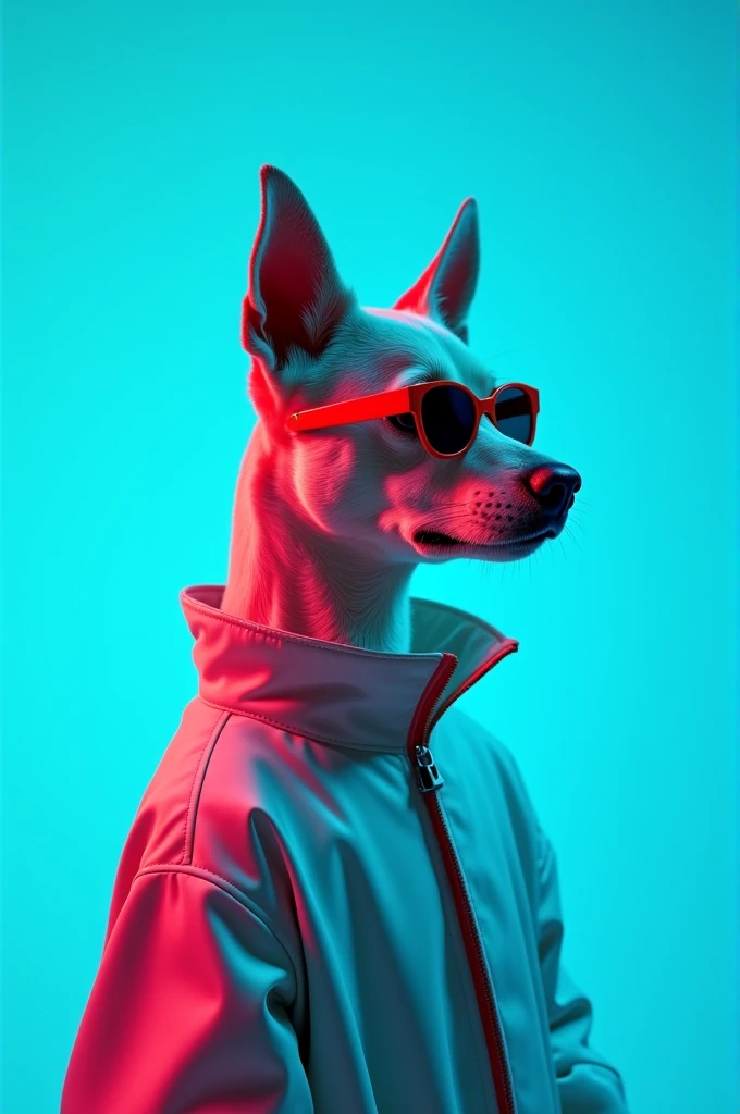 The best cell phone wallpaper, Award-Winning Wallpaper, portrait photography, In the front view is a portrait of a cute dog wearing mid-1960s space age fashion, Side view photo, Shot with Canon EOS R5, Set a strong contrast that accentuates the subject, Fluorescent blue tone, Wearing a very modern coat and sunglasses is a modern 1960s style, Clothes all in one color, beautiful background