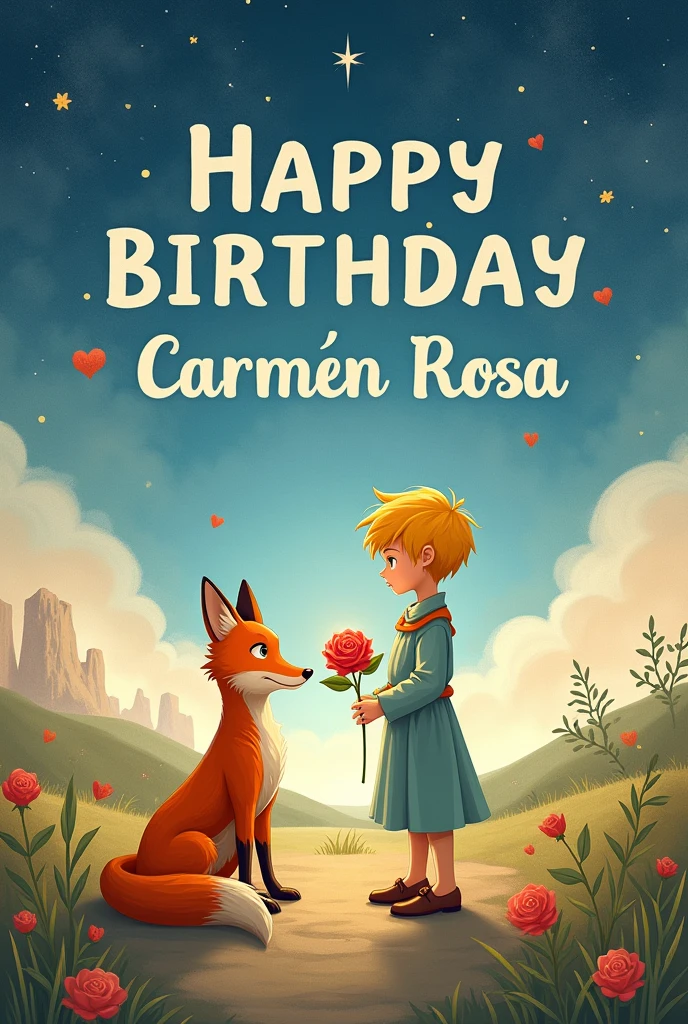 Background image of the little prince with a rose and the fox. with phrase of : Happy birthday Carmen Rosa!