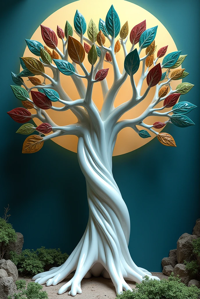 A towering ancient Tree of Life sculpted from polished ceramics, standing in a mystical grove bathed in soft moonlight. Delicate branches are crafted from smooth white porcelain, reaching towards the heavens, adorned with leaves of glazed pottery in shades of emerald green, sapphire blue, and ruby red.