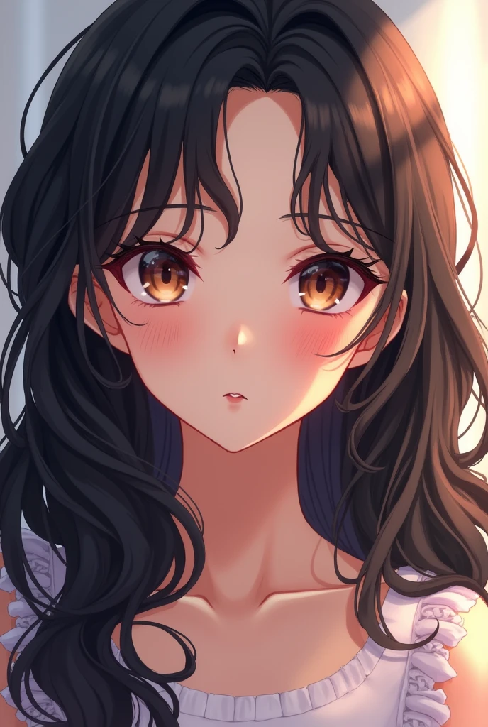 Beautiful girl with white skin and long dark curly hair, anime style drawing