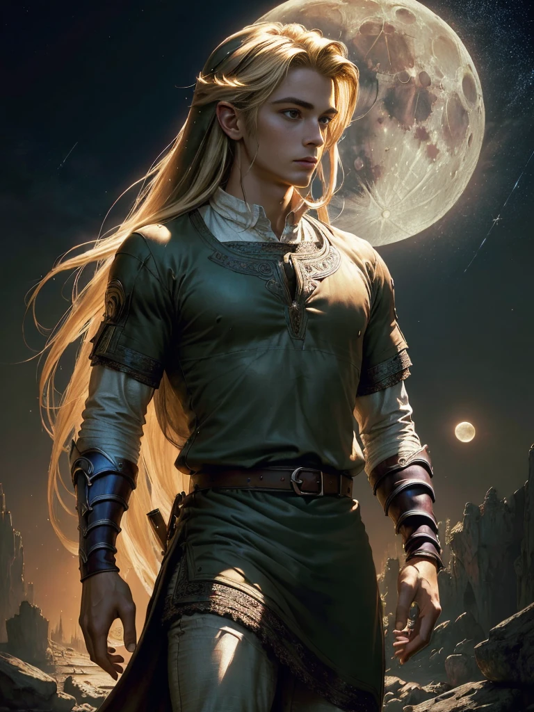 (masterpiece,top-quality,top-quality,Detailed and complex,official art,aesthetically pleasing:1.3),(male),(Link),(realistic art:1.3),(Long haired blonde hair),(moon,stars,celestial,fantasy,cinematic lighting,background),chiaroscuro,intricate details,striking composition,elegant,regal,mesmerizing