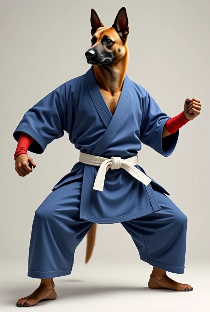 A Belgian Malinois. Wearing a open blue gi secured with a white bow-tied obi over his waist, red wristbands. Doing a martial arts pose.  