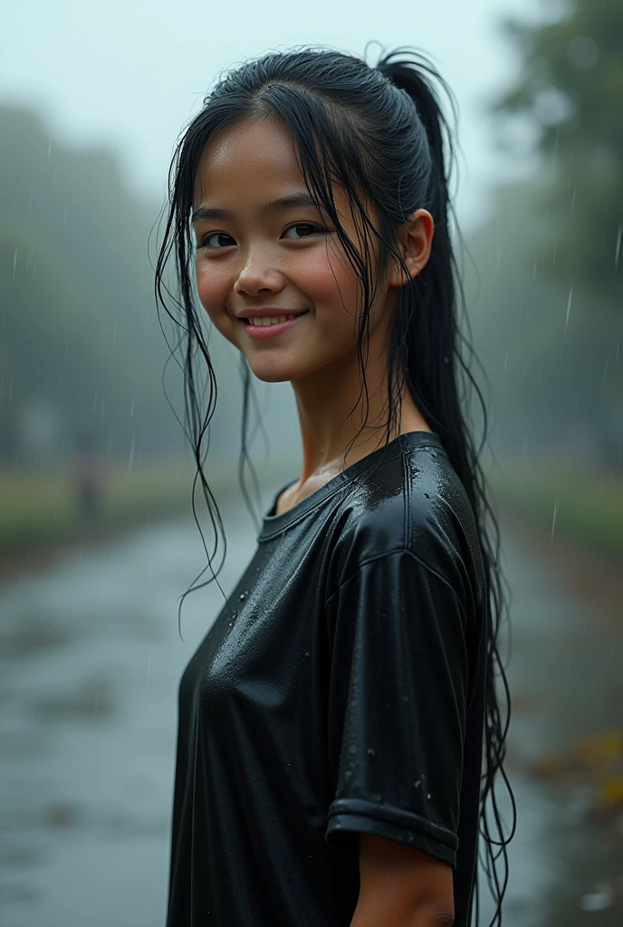 The girl wearing a black football shirt was wet with water but smiled sweetly