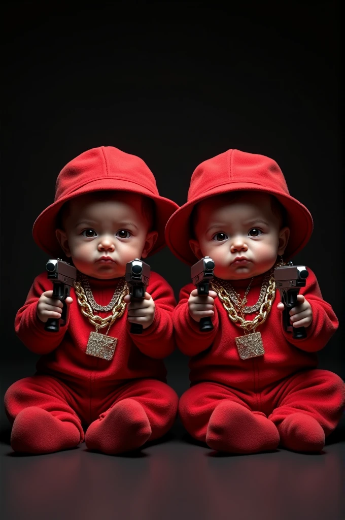 2 babies, wearing flat bill hats holding guns, sitting next to eachother, angry, iced out with chains, dripped out with red deaigner clothing, 4k, lighting, red lighting, dark black background