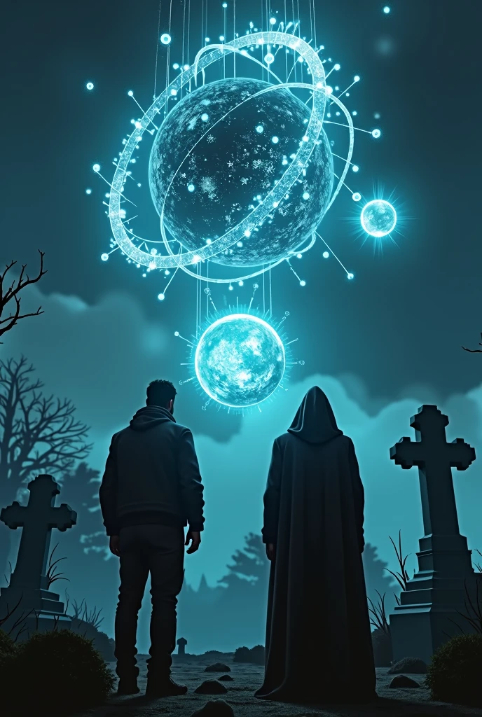 Two men one with a hood, watching from a cemetery at three holograms seen in the night sky, A hologram is shaped like an atom with its circular orbits, another hologram of a sphere with thorns coming out and the third of a planet with orbits


