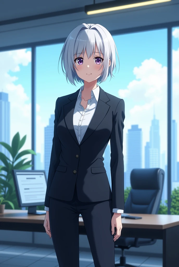 (realism:1.2), Mirko from My Hero Academia, standing in a corporate office, wearing a professional business suit, short white hair, indoors, bright lighting, modern office decor, large windows with cityscape view, confident pose, realistic, intricate details, cool colors, by Yoshiyuki Sadamoto