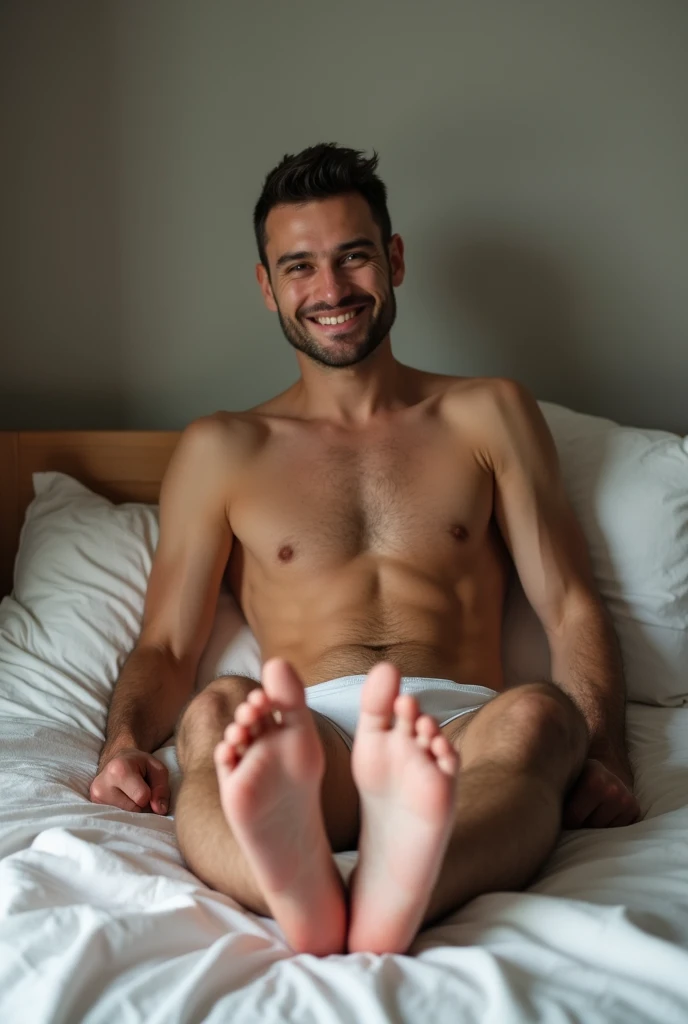 Create a naked man on a bed with his legs open so that you can see his penis and he IS smiling without underwear or anything WITHOUT UNDERPANTS and his legs and feet look like a 30 year old adult.