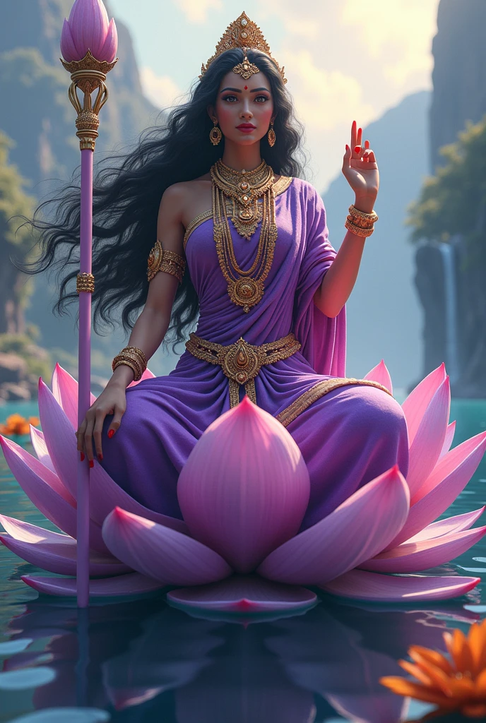 "Create an ultra-realistic image of the beautiful Goddess Siddhidatri Devi, depicted in a stunning purple saree that symbolizes her divine powers and spiritual wisdom. The saree should be richly detailed with intricate gold patterns, highlighting her celestial status. Her long, flowing black hair should be beautifully styled, cascading gracefully over her shoulders, adding to her divine beauty. Her complexion should radiate a soft, ethereal glow, with a serene and compassionate expression on her face, embodying both grace and strength.

Goddess Siddhidatri should be seated on an extremely large and majestic lotus that is intricately designed, floating gracefully on a vast, serene ocean. The lotus should be depicted with vibrant, detailed petals that enhance its divine nature.

She should have two hands: her right hand is in a blessing posture, offering protection and boons to her devotees, while her left hand holds a giant mace, symbolizing her power and ability to grant siddhis (spiritual powers).

The background should feature a breathtaking landscape with a cascading waterfall, majestic mountains, and the vast ocean, creating a serene and awe-inspiring atmosphere. The overall image should capture the essence of Goddess Siddhidatri’s beauty, power, and divine grace, presented in a highly realistic and detailed manner, with her purple saree, majestic lotus, and the powerful natural surroundings emphasizing her supreme authority and benevolence."