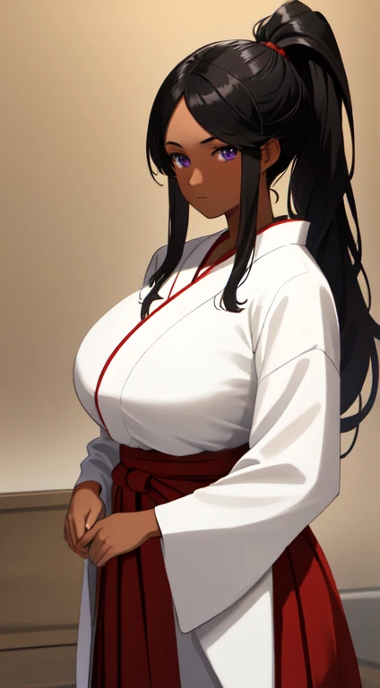 a beautiful young woman, long black hair tied in high ponytail, parted bangs, gigantic forehead, purple eyes, (tan skin: 1.3)), massive breasts, red hakama, white kimono, 90s anime style, cinematic lighting, highly detailed, masterpiece, 8k, photorealistic, hyper detailed, intricate background, soft lighting, vibrant colors, dramatic shadows, symmetrical composition, expressionless, bored, facing viewer