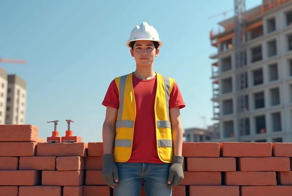 High Resolution, Masterpiece, Accurate, Detail, High Quality, Realistic photo. A 30 year old asian husband, short hair, white skin, height: 160 cm, weight: 55 kg.In this image, we can see a construction worker wearing a white hard hat and a red t-shirt, a yellow safery vest, and blue jeans. He is working on a pile of red bricks, which are stacked on top of each other. The worker is holding a tool in his hand and appears to be using it to cut through the bricks. The background shows a brick wall and a building under construction. The sky is blue and the overall mood of the image is focused and determined.