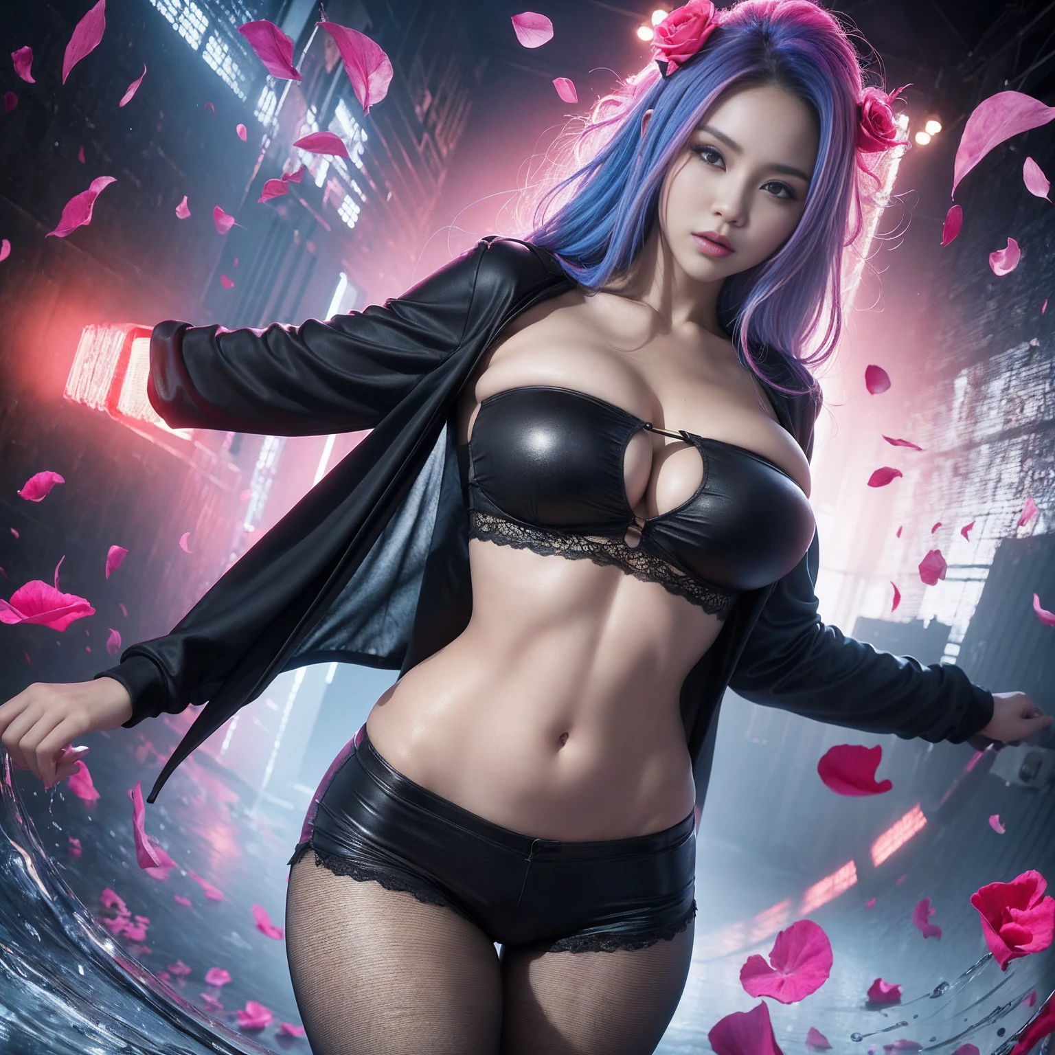 Best Quality, Masterpiece, High Resolution, 8K, (Realistic: 1.4), Ultra High Resolution, 1 Girl, Ultra Detailed, Surreal, Highly Detailed CG Illustration, Official Art, Cinematic Light, Reality, Young Beautiful Girl, Perfect Figure, Perfect Figure, Full View, Perfect Body, (Starting below: 1.3), Mask, Pose, Sexy Long Legs, Confident, Beautiful Sexy, Grey Short Sleeves, Open Abdomen, Black Super Shorts, S-shaped Body, Upturned Hips, Assuming, Posing, Different Perspectives, Very detailed, Seductive erotic women sweating, Breasts covered with rose petals, (plump, pink/Blue Hair), Face-centered, Face Focus, Complex eyes,Thai woman