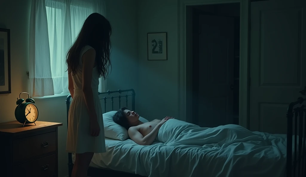 A hauntingly beautiful cinematic illustration captures the essence of a long-haired brunette woman. She stands up. The sleeping man is unaware of his inner turmoil. The room is dimly lit, with soft shadows creating an eerie atmosphere. The sordid environment hints at unexpressed emotions and hidden secrets. An old alarm clock sits on the bedside table, its ticking punctuating the calm of the scene. This powerful image evokes a deep feeling of melancholy and unease., photo, cinematic, illustration