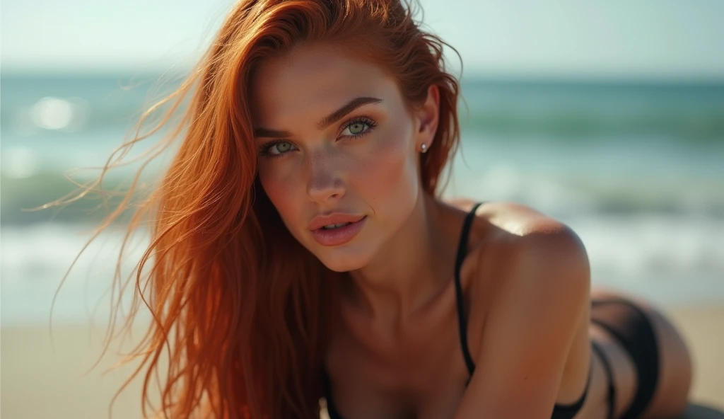 photo realistic, ultra realistic, masterpiece, best quality, highres, absurdres, hot european woman, long red and straight hair, elegant perfect hair, (30 years old, hazel eyes, hourglass figure, perfect fit body, natural big breasts), femme fatale, detailed face, detailed eyes, flirtatious eyes, beautiful long eyelashes, detailled lips, naughty smile, lips slightly parted, wearing a sexy black push-up bikini, amazing cleavage, laying seductively on the beach, windy day, shiny wet skin, close-up, extreme close-up