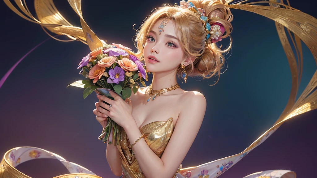 32K, 最高quality, 最高masterpiece, (ultra-Detailed Background, Detailed Background), High resolution, Super detailed, Very detailedな, 1 personの, (bouquet:1.3), (Tangled:1.2), (Geometric:1.2),(colorful),(masterpiece, quality, best quality, Official Art, Beautiful and beautiful:1.2), (1 person:1.3), Very detailed,(colorful:1.1)(Flowers:1.3),Most detailed,(Tangled:1.2), whole body, (Abstract background:1.3), (Skin glows), (Many colors:1.4), ,(Earrings Jewelry:1.5), Bright gradient background, Beautiful and sparkling background, It's imaginative., Flaxen Hair, Lustrous skin,