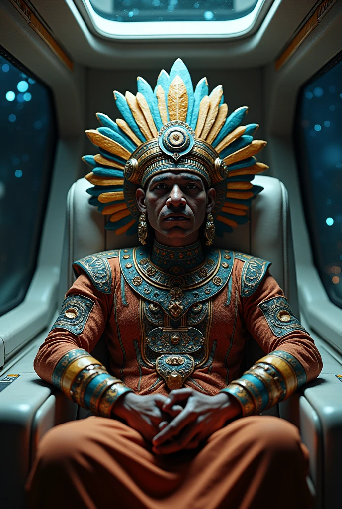 Mayan King Pakal in a spaceship traveling in the universe, Make a representation of King Pakal. HD, great detail, reality, Photographic