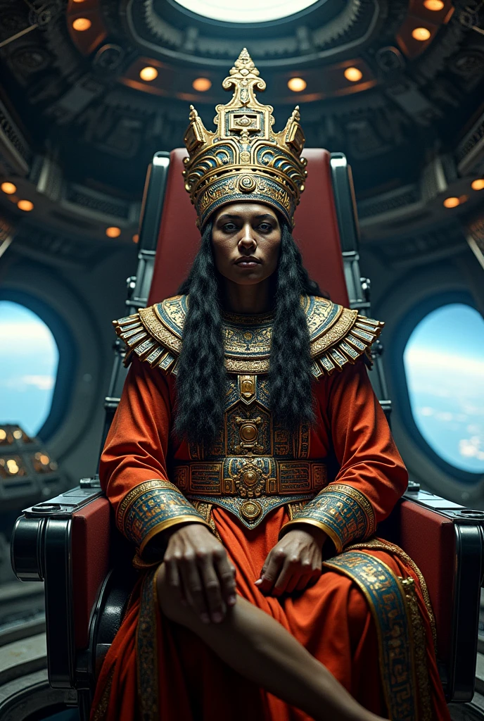 Mayan King Pakal in a spaceship traveling in the universe, Make a representation of King Pakal. HD, great detail, reality, Photographic 