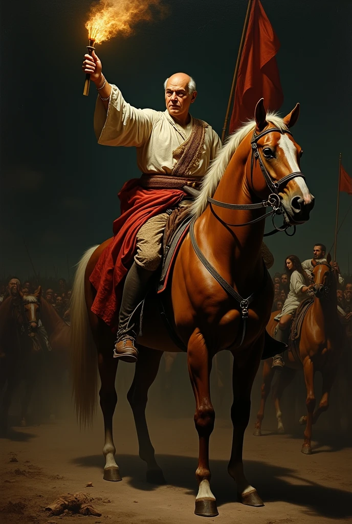 masterpiece, realist, old painting, Renaissance style, visual impact, high contrast, black dark background, (Miguel Hidalgo) hero of Mexico&#39;s independence, man with white hair and bald, on a beautiful horse, and shocking look, holding a torch,and a standard of the virgin,(the noble priest), ,Traces of war are visible,, high quality, lights and shadows rembrant style, tenebrismo, Caravaggio, (the priest Miguel Hidalgo) very contrasting shadows, a lot of black, muy high contrast, night background, darkness,